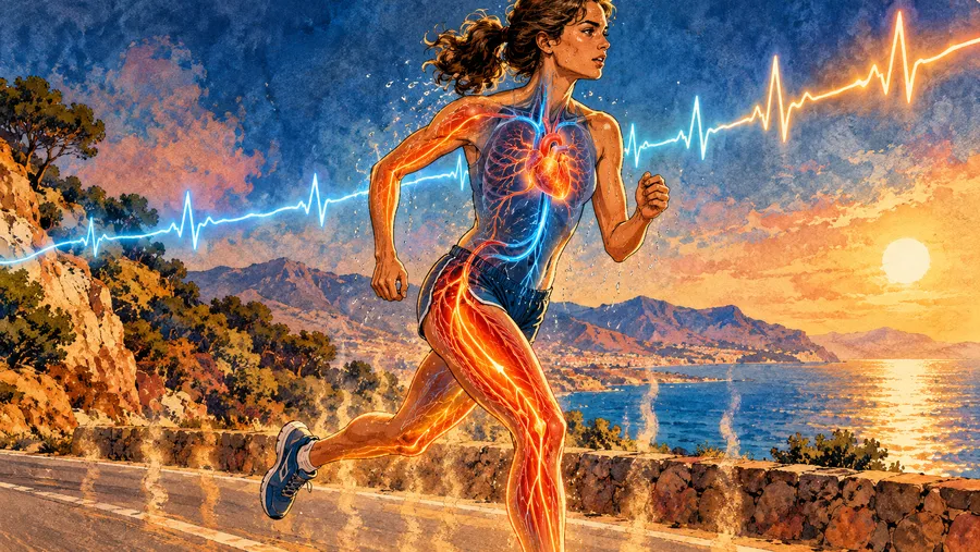 deriva cardiaca - Illustrazione di una runner con il sistema cardiovascolare in trasparenza, mentre il flusso sanguigno si ridistribuisce verso la pelle durante una corsa nel caldo.